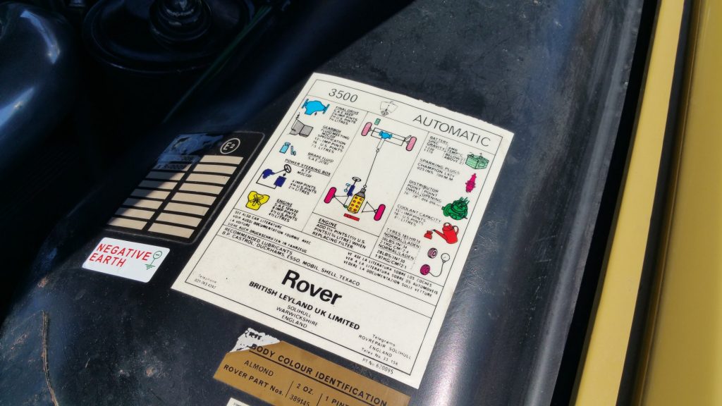 Rover P6 engine bay information sticker from British Leyland